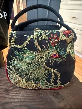Ethnic Embroidered Peacock Handbag Canvas Sequin Top Handle Bag Black Red